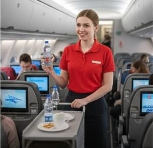 Flight attendant serving bottled water to passengers inside an airplane cabin during an international fligh