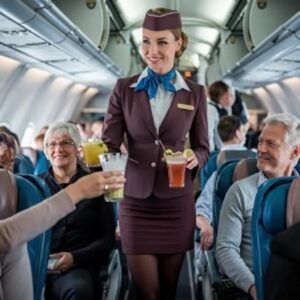 Cabin crew serving drinks to passengers during an international flight, representing in-flight service and passenger comfort