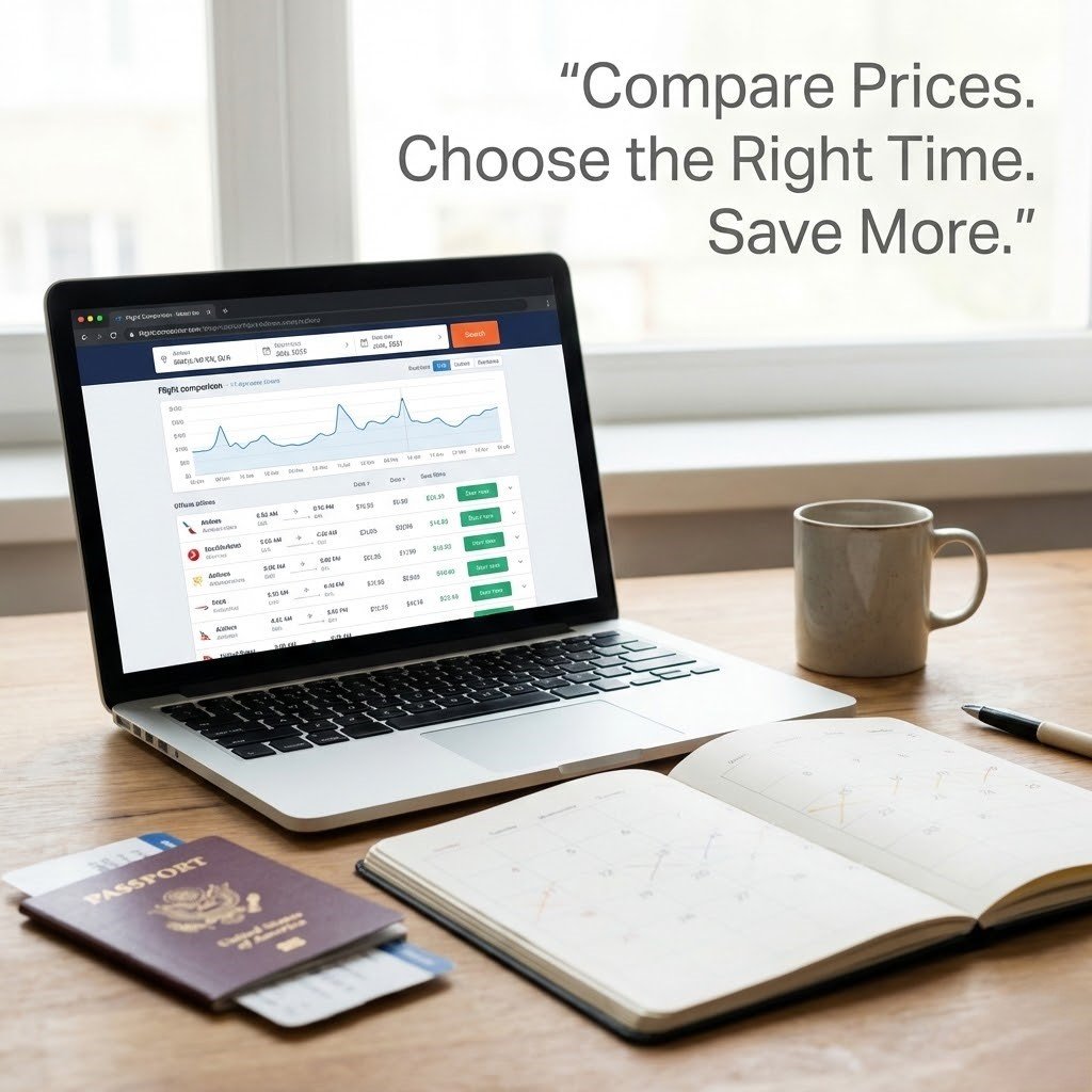 Online air ticket service planning scene with flight comparison, calendar timing, and travel documents for Bangladesh travelers